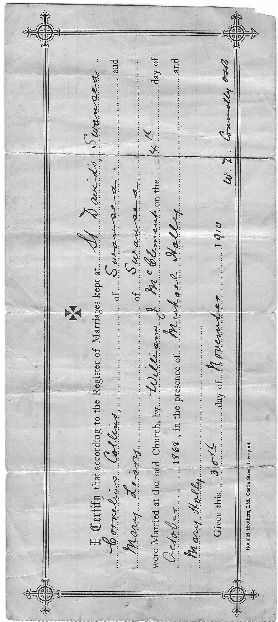 Marriage registration of Cornelius Collins and Mary Leary, 1868